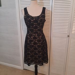 Eci New York black silk lace floral fit and flare dress sz 8 *P